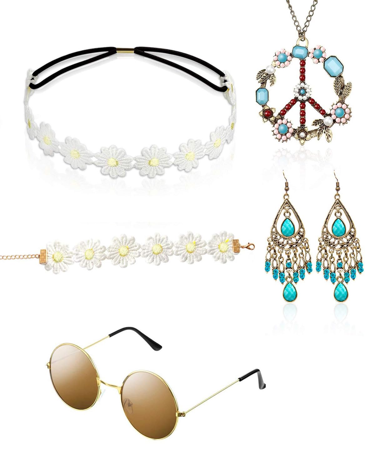 BARRU Hippie Costume Set with Sunglasses 5 Pieces Hippie Clothes for Women Men Accessories for 60s 70s Clothes Peace Symbol Costume Bohemian Necklace Earrings - B