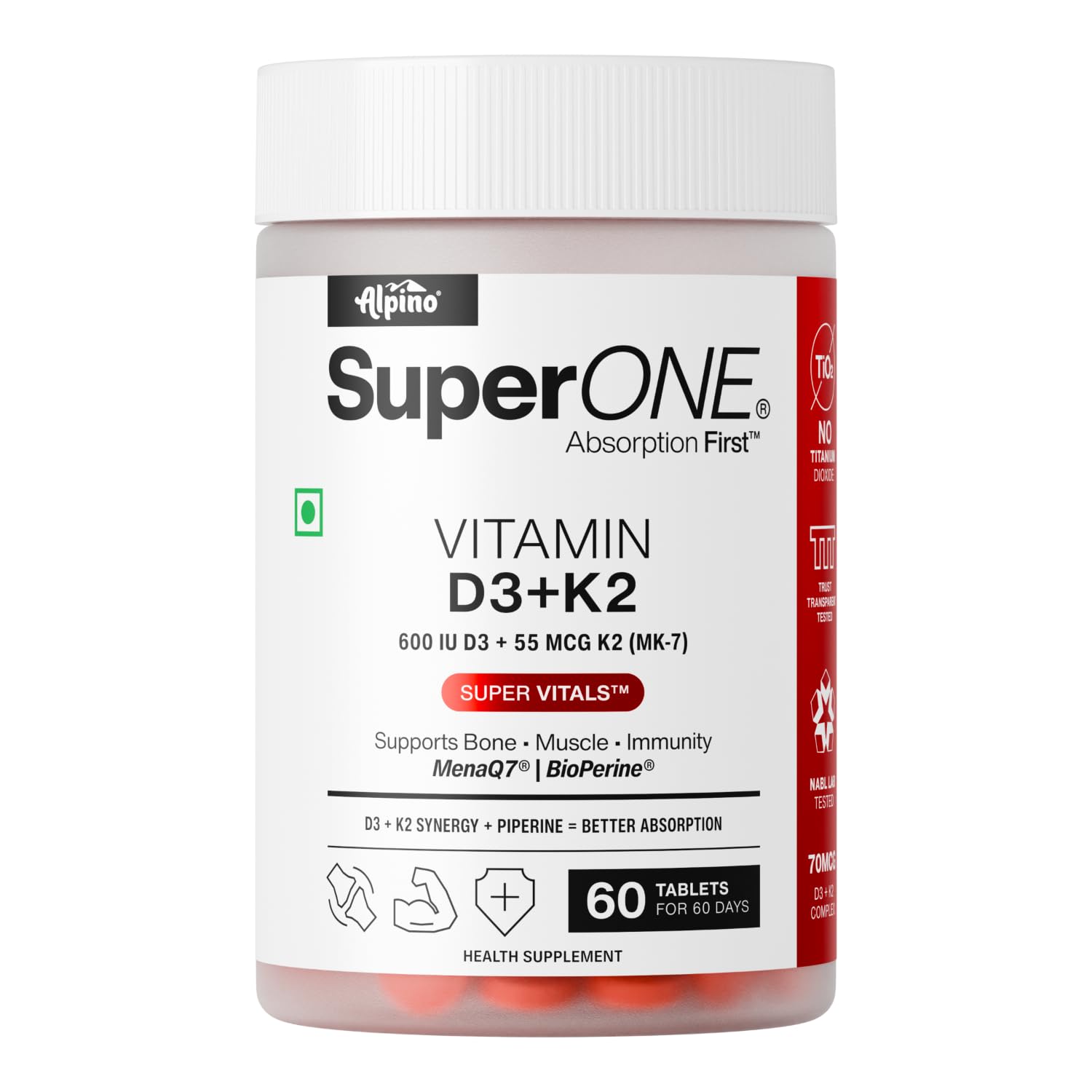 Alpino SuperONE Vitamin D3 + K2 Tablets | 600 IU D3 & 55 mcg K2 (MK-7) with BioPerine® | Bone, Muscle & Immunity Support | 60 Tablets