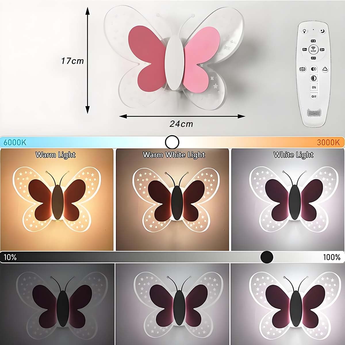 AoLa 12W LED Wandleuchte mit Schalter Dimmbar Schmetterling Wandlampe Kinder Nachttischlampe mit Kabel Nachtlicht Modern Wandbeleuchtung mit Fernbedienung Innen Wandleuchte für Kinderzimmer