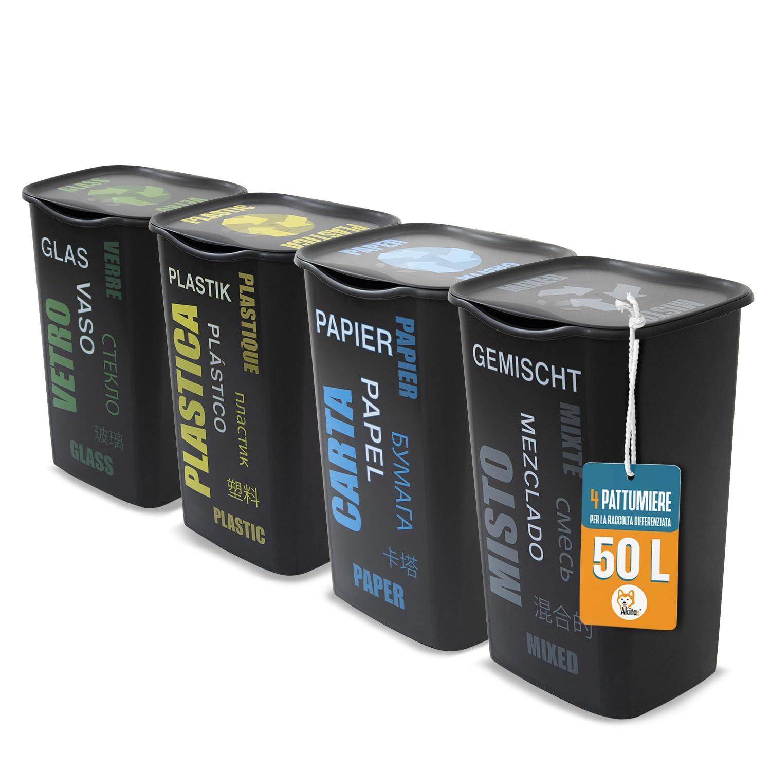 Set 4 Bidoni Raccolta Differenziata 50 Litri - Con Coperchio E Scritte, Per Carta, Plastica, Vetro, Indifferenziata