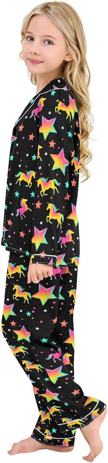 Gradient Star Unicorn Satin Pajama Sets Long Sleeves Nightwear Button Down Sleepwear