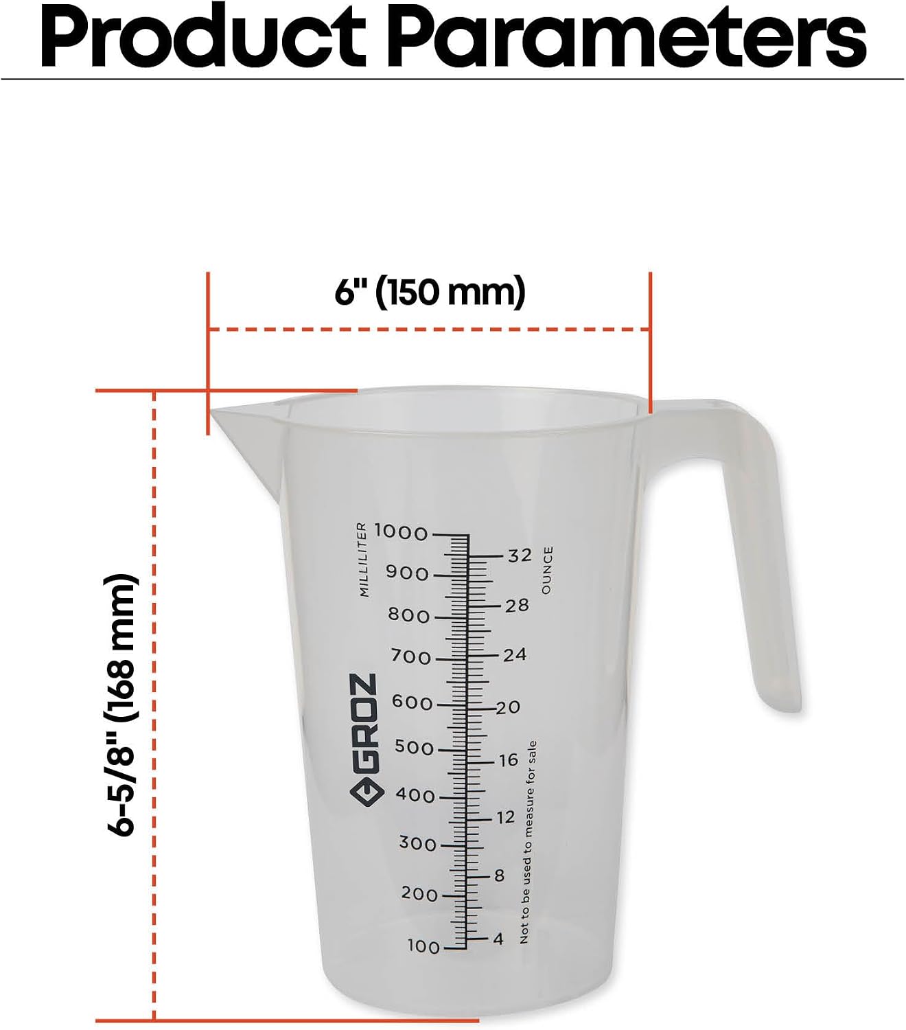 Groz 32 oz Stackable Measuring Jug, Clear Food-Grade Polypropylene, Dual Oz/mL Graduations, Microwave & Autoclave Safe to 250°F, Chemical Resistant Pitcher (42020)