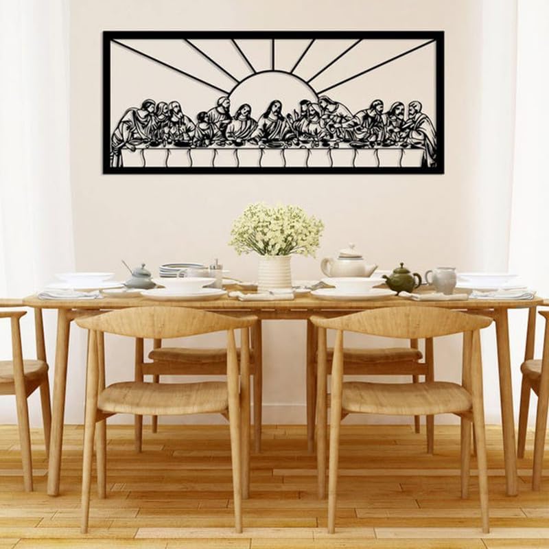 Large The Last Supper Wall Art Christian Metal Wall Decor Religious Hanging Picture Sculpture Jesus Black Line Art Home Decor for Dining Room Bedroom Living Room Housewarming Gift (23.6"L x 9.8"W)