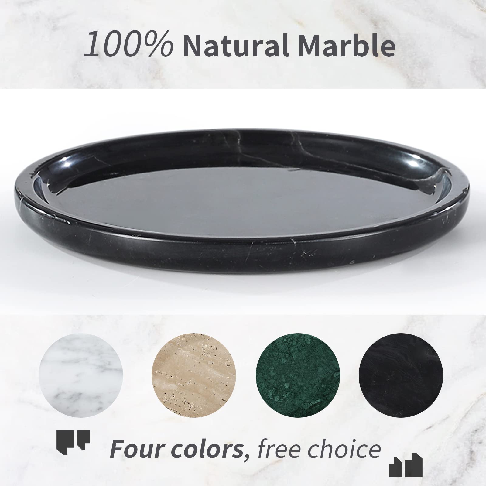Bandeja de mármol natural de lujo real, bandeja de almacenamiento de mármol genuino para decoración del hogar, bandeja de piedra para baño, cocina, tocador, tocador, sin resina (negro, 8 pulgadas)