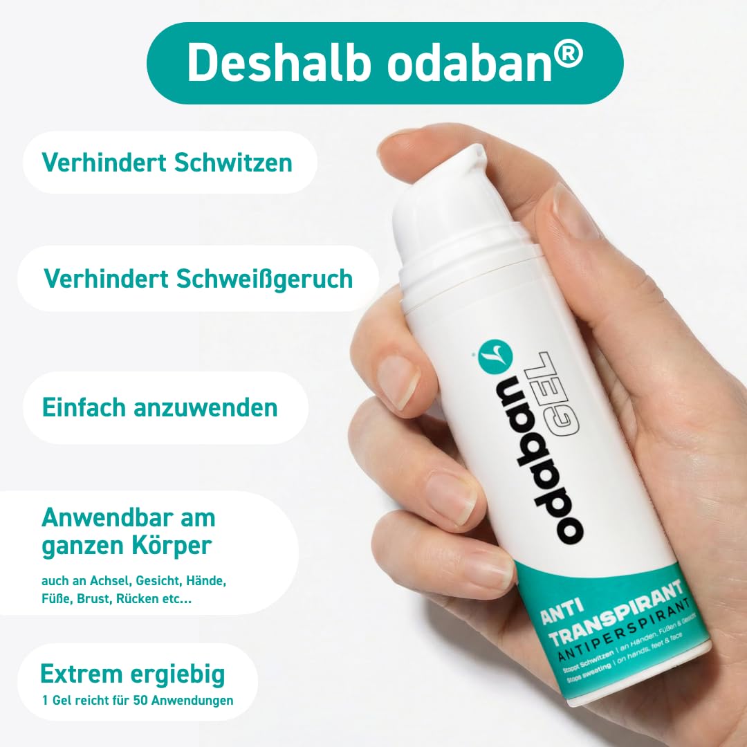 odaban® Antitranspirant Gel 50 ml gegen schwitzige Hände, Schweißfüße und Schwitzen im Gesicht | gegen Achselgeruch | gegen starkes Schwitzen am Kopf | duftneutral