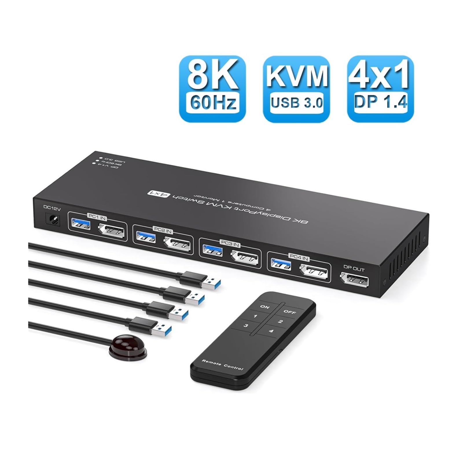 Przełącznik wideo, Przełącznik KVM 8K Displayport 1 monitory 4 komputery 4K 144 Hz 4x1 DP USB 3.0 do biur domowych, centrów danych