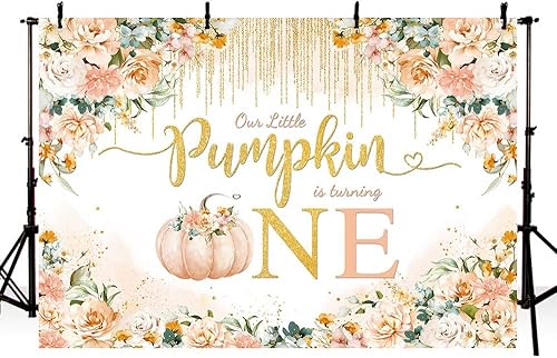 Miniatura 4 de Telón de fondo de calabaza para primer cumpleaños de niñas de 7 x 5 pies para otoño, otoño, naranja, calabaza, floral, primer cumpleaños,