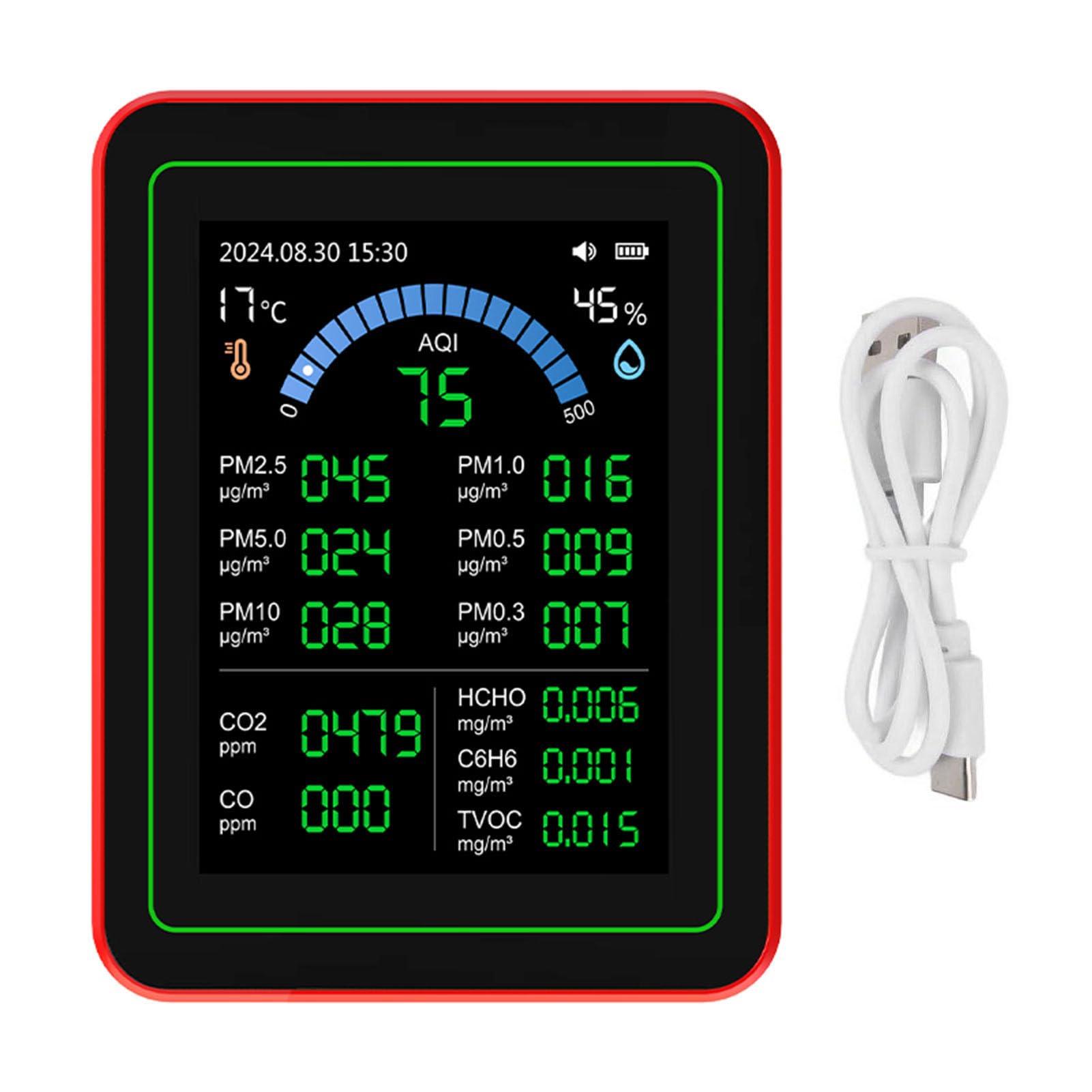 Misuratore Qualità Aria per Casa 18 in 1 CO2 PM2.5 Temperatura Umidità con Batteria e Memoria Dati