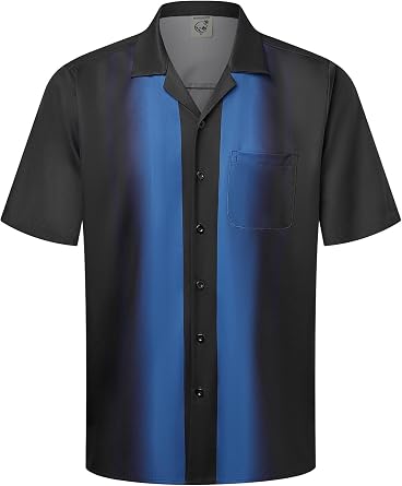 Hardaddy Mens Vintage Bowling Shirt 1950s Short Sleeve Casual Button Down Summer Beach Camp Collar Shirts Gradient Blue M