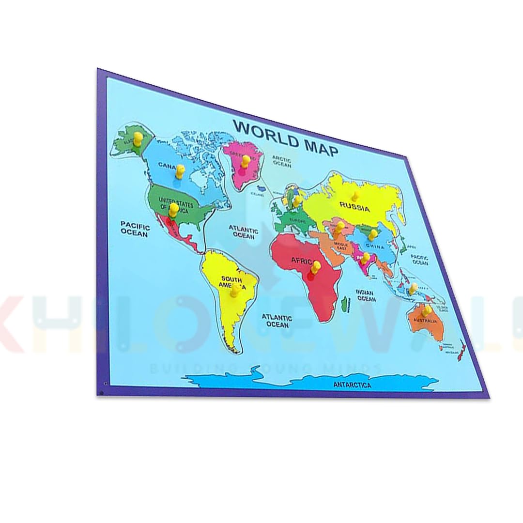 Khilonewale Kid's Wooden World Map Puzzle with Knobs | Educational Learning Toys for Boys and Girls | Size 30x38CM (World Map) 4