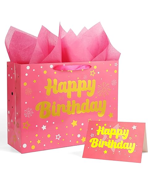 CEMECER 16.5” Extra Large Gift Bag Set with Handles, Pink Gold Happy Birthday Bag, Greeting Card, Tissue Papers for Women Girls Kids Party Supplies Decorations.
