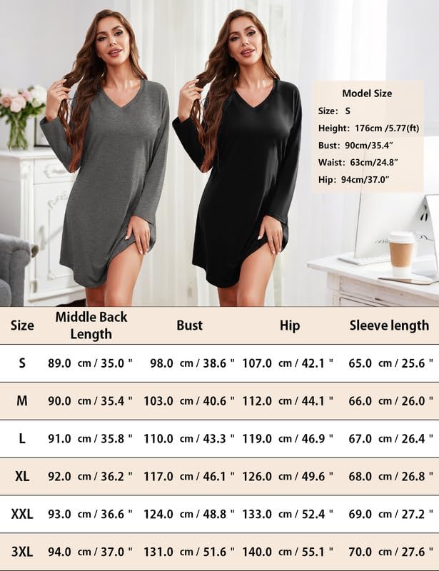 Marvmys 2 Pack Nightgowns for Women Long Sleeve Night Shirts Sleepwear V Neck Night Gown for Adult Women S-3XL - Image 6