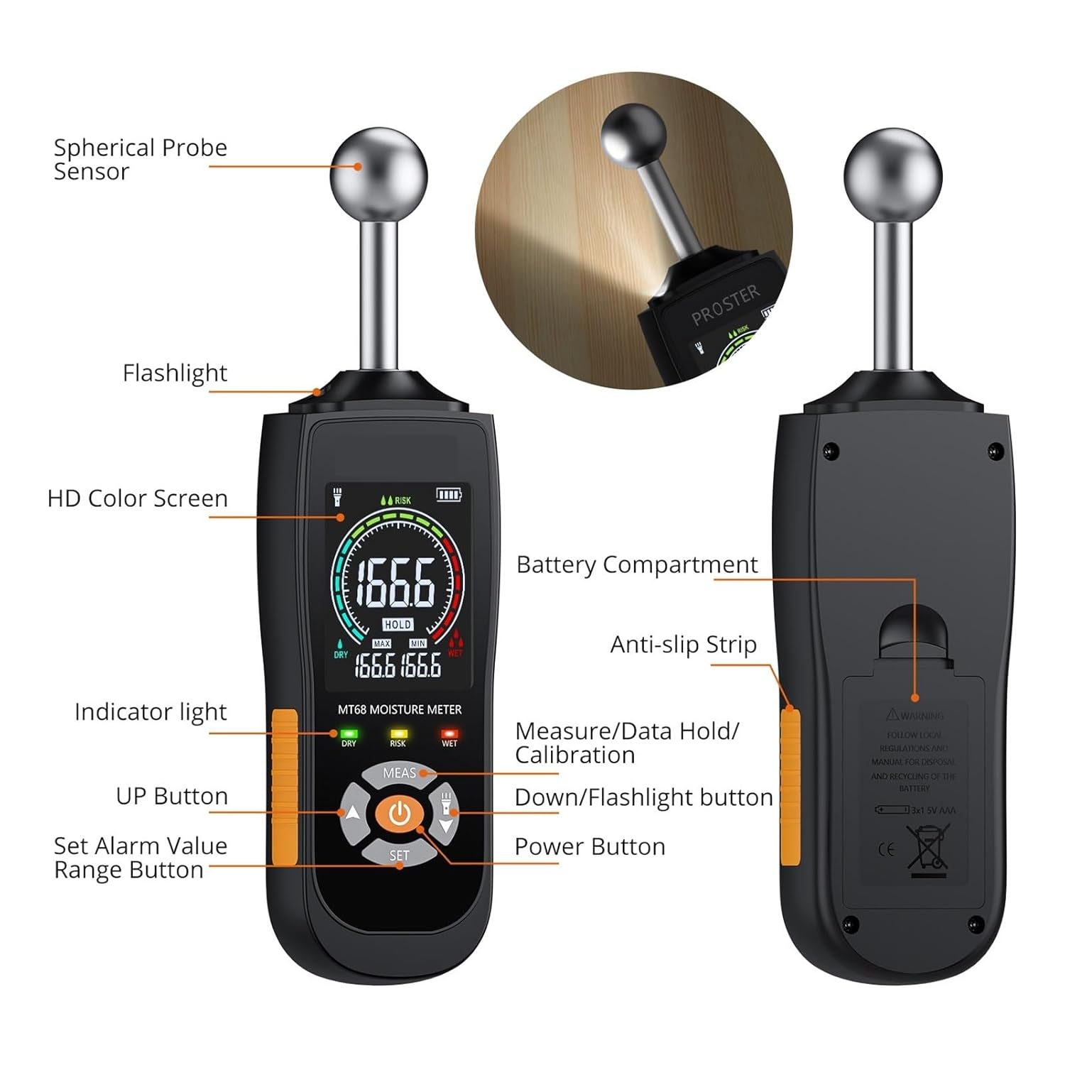 水分計カラー Lcd アラーム機能ホールド機能水分計壁木材石積みコンクリート石膏 高感度センサー搭載