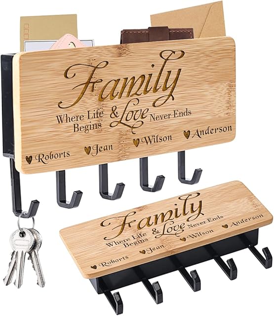 Personalised Engraved Key Holder for Wall, Wall Mounted Key Letter Racks with 5 Hooks, Key Hanger Organizer for Entryway Mudroom, Hallway, Kitchen, Office Letter