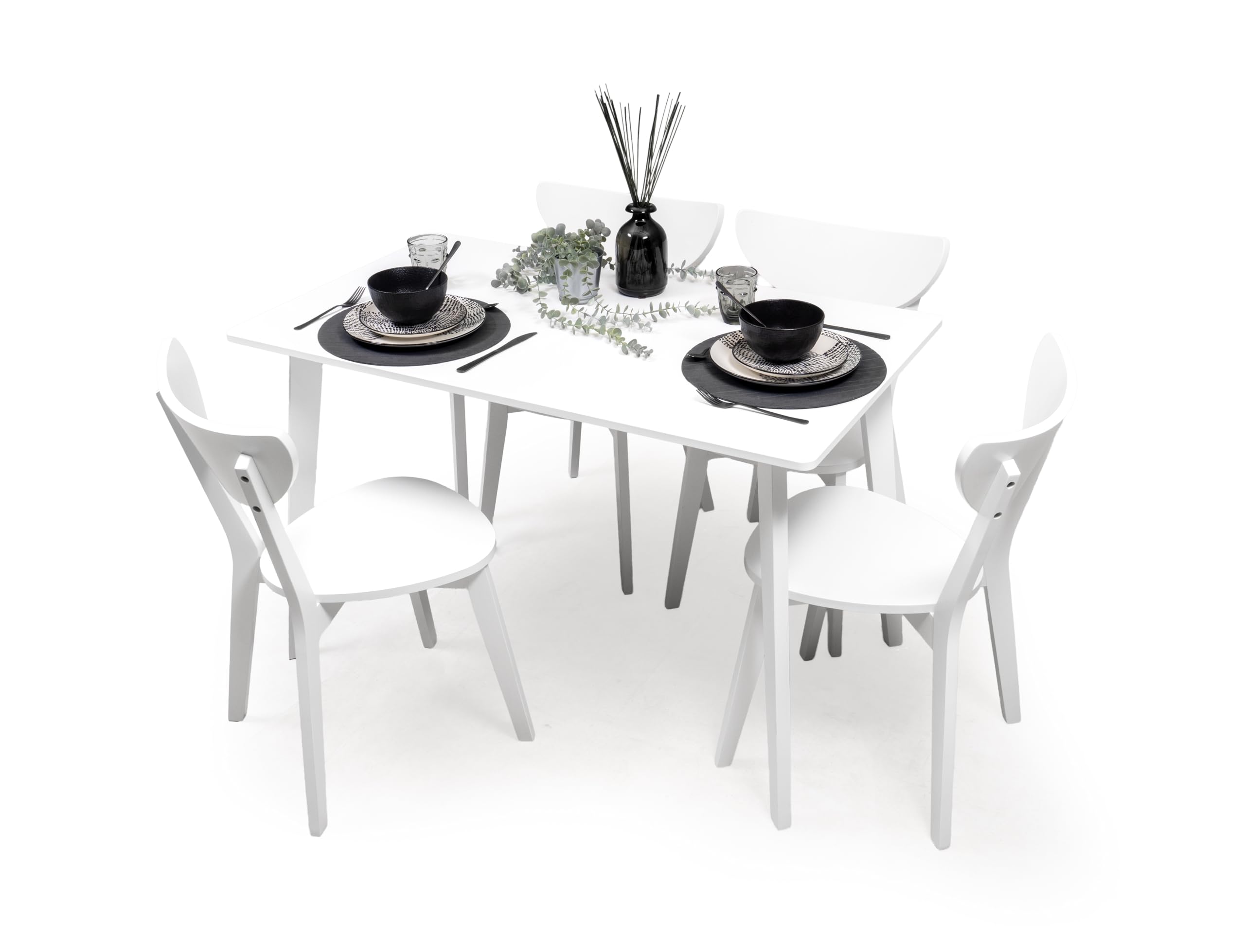 Homely®| Conjunto de Comedor Wendover con Mesa Rectangular 120x70 cm. y 4 Sillas, | Madera lacada Blanco | Estilo Nórdico-Escandinavo | Madera Maciza y MDF | Pack de mesa y sillas informal y económico