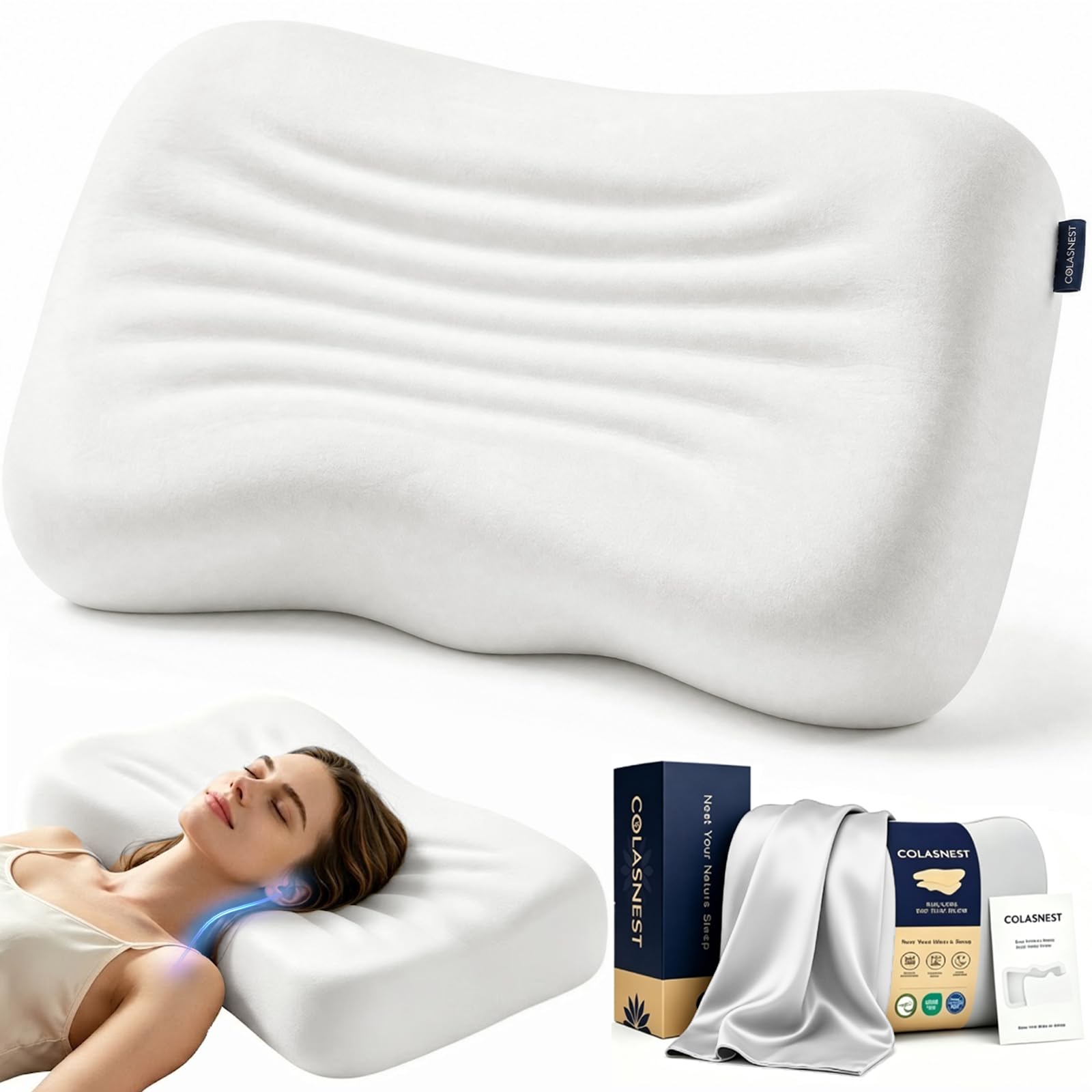 Ergonomic Neck Pillow for Side Back Stomach Sleepers, Orthopaedic Cervical Pillow for Neck Pain Relief, Memory Foam Pillow with Cervical Neck Support, Breathable & Washable Cover, REACH OEKO Certified