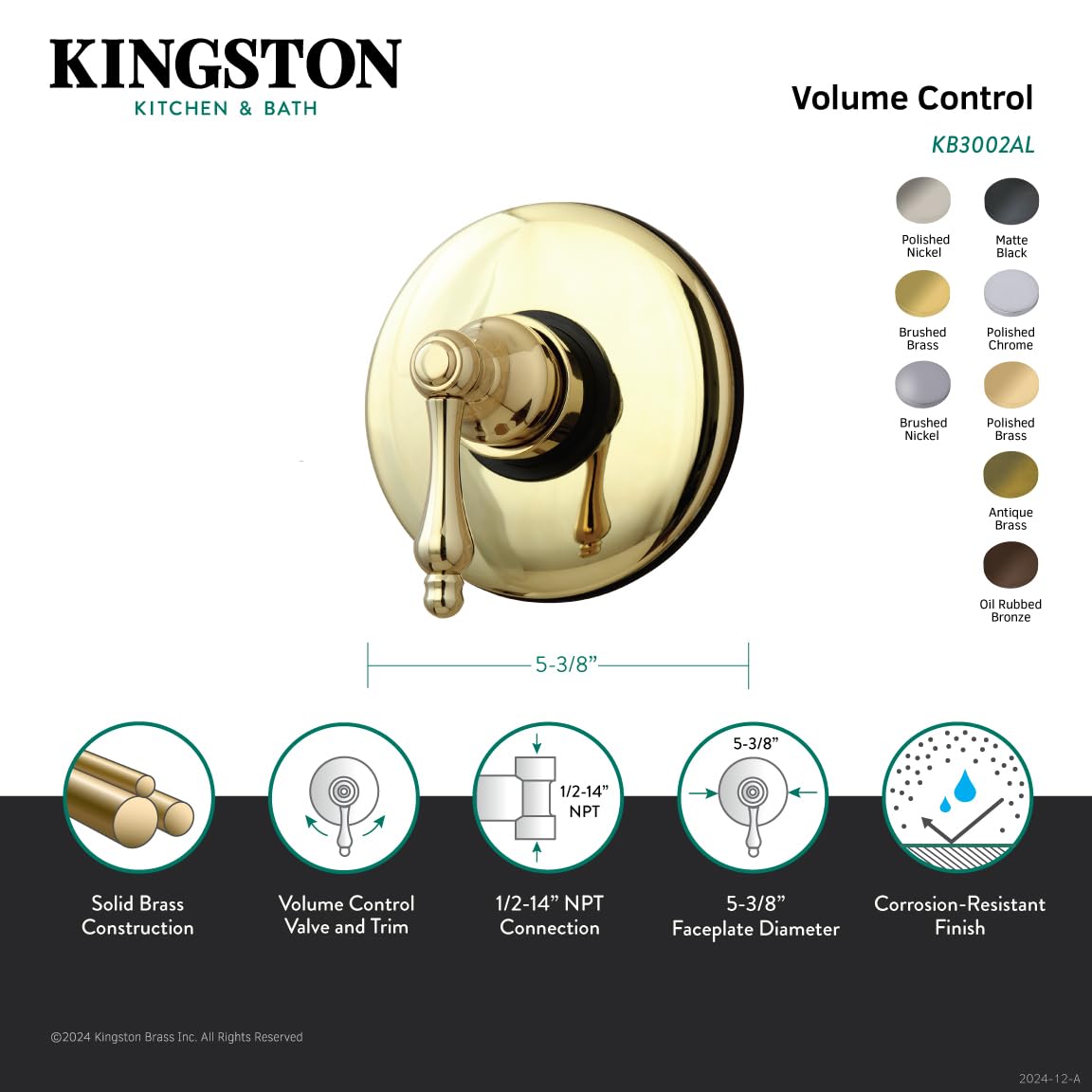 Kingston Brass KB3003AL Control de Volumen, Latón Envejecido