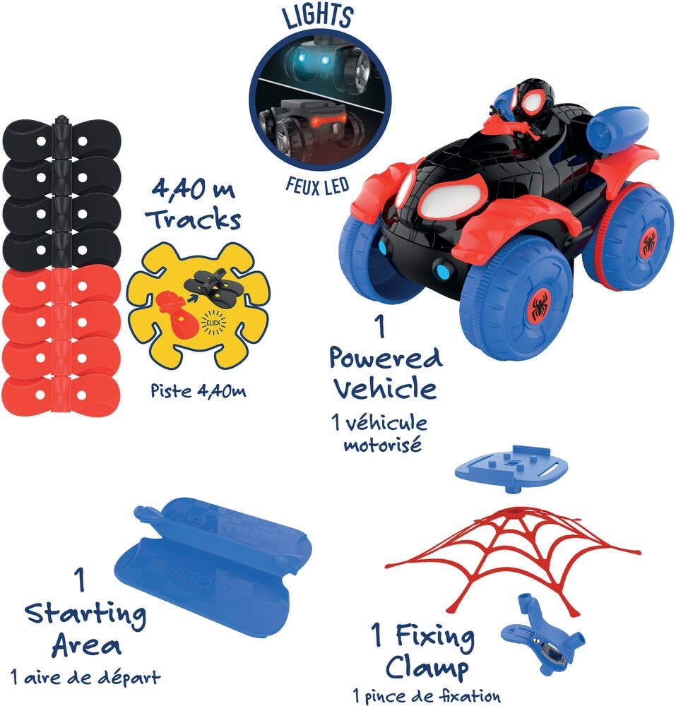Smoby - Spidey FleXtreme Set Spin - 4 m40 di circuito per auto - 184 piste flessibili e modulabili + 1 veicolo morale effetti luminosi - 180926