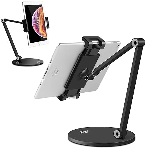 KABCON Tablet Stand,Tightness Adjustable 360°Rotatable Multi-Angle Eye-Level Aluminum Solid Long Arm Tablets Stands for iPad Series,Microsoft Surface Tablet Series,Samsung Galaxy Tabs,Kindle Fire,etc - Black