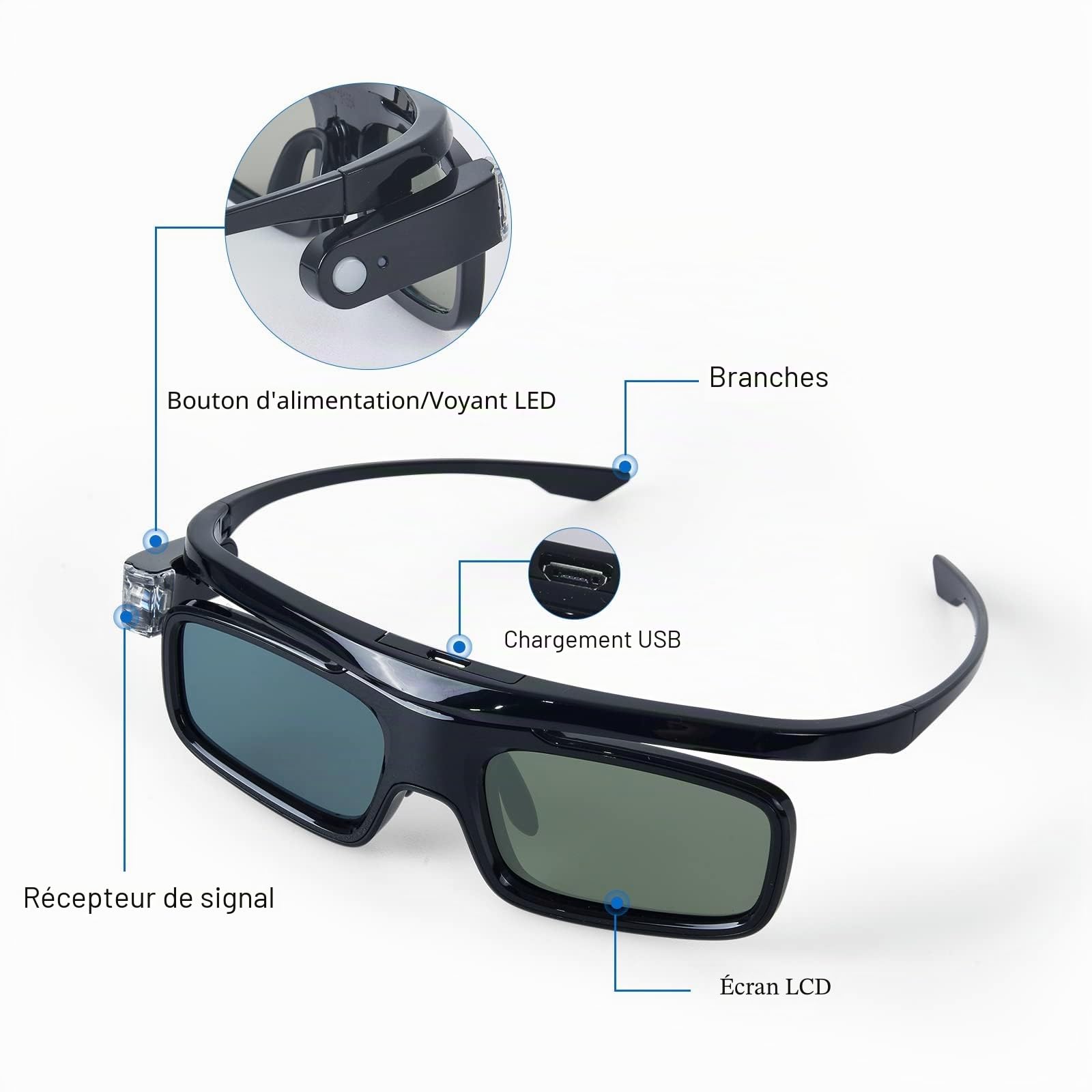Lot de 2 paires de lunettes 3D à obturation active - Rechargeables - Convient pour projecteur DLP-Link 3D