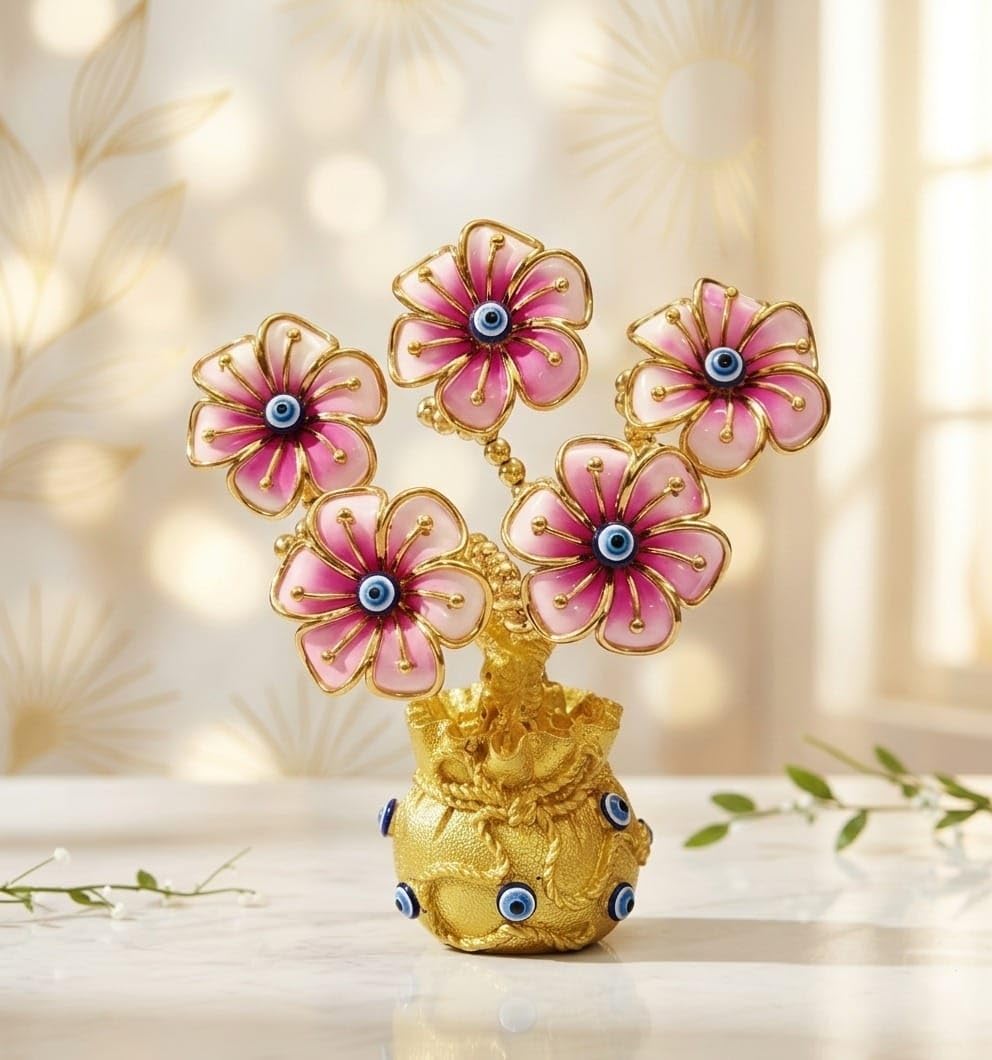 Evil Eye Flower Vase Showpiece for Home Decor | Pink Enamel Flower Decorative Table Accent | Nazar Protection Lucky Showpiece | Luxury Metal Decorative Vase for Living Room, Office & Gift-image-29
