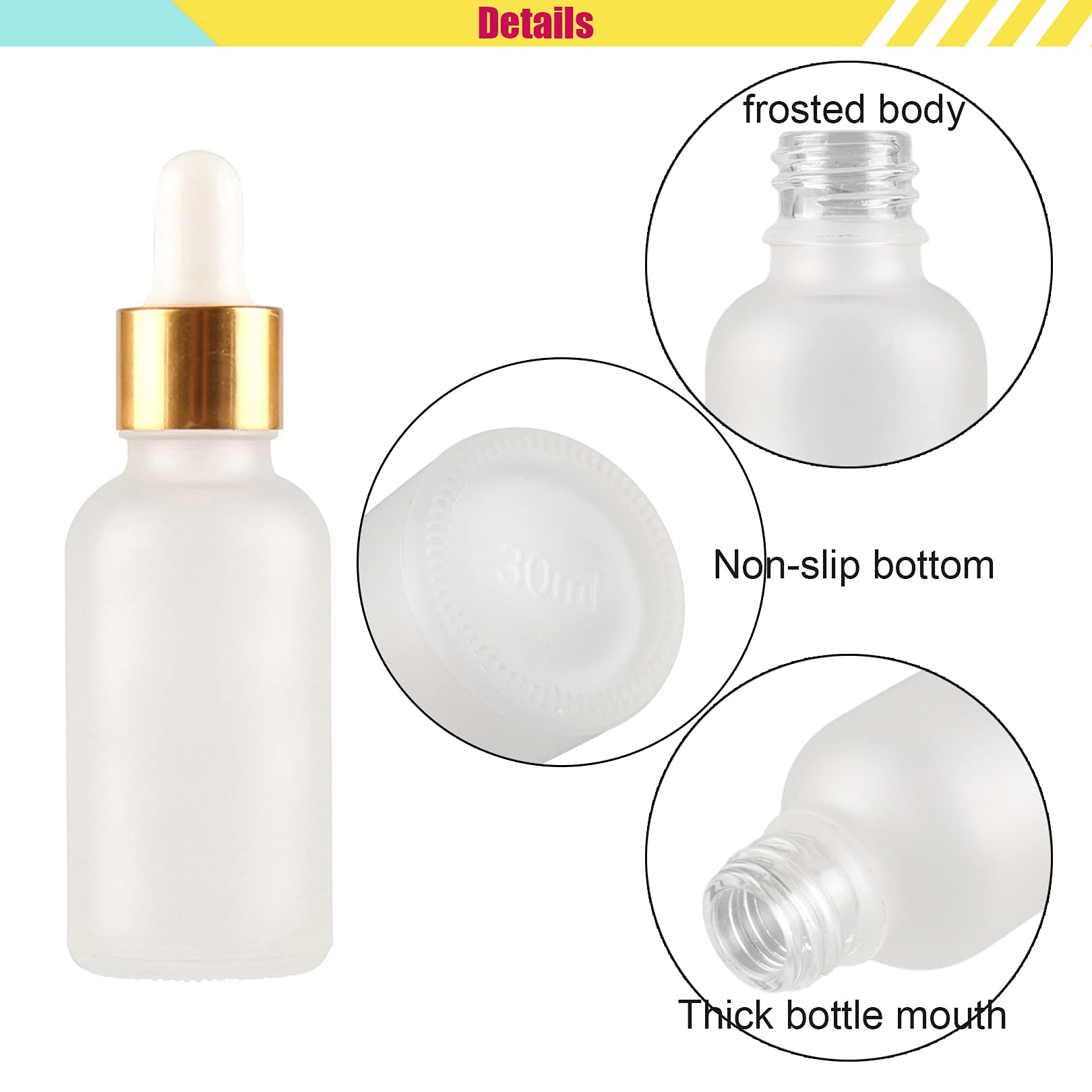 ZEOABSY 4 Pezzi Trasparente Opaco Bottiglie Contagocce Vetro 20ml, con Pipette Contagocce Vetro,anello a vite Oro, per Laboratorio,Olio Essenziale, Aromaterapia +1 imbuti +4 etichetta