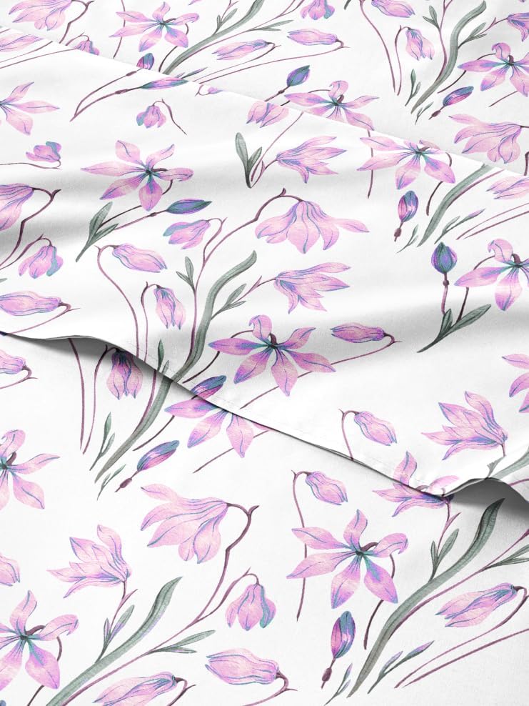 Floral Sheets - Pink Floral Bed Sheet Set - 1 Flat & 1 Fitted & 2 Pillowcases w/ Deep Pockets - Comfy, Wrinkle & Fade Free - Boho Botanical Bedding - Ultra-Soft, Breathable & Cooling - Queen Size Set