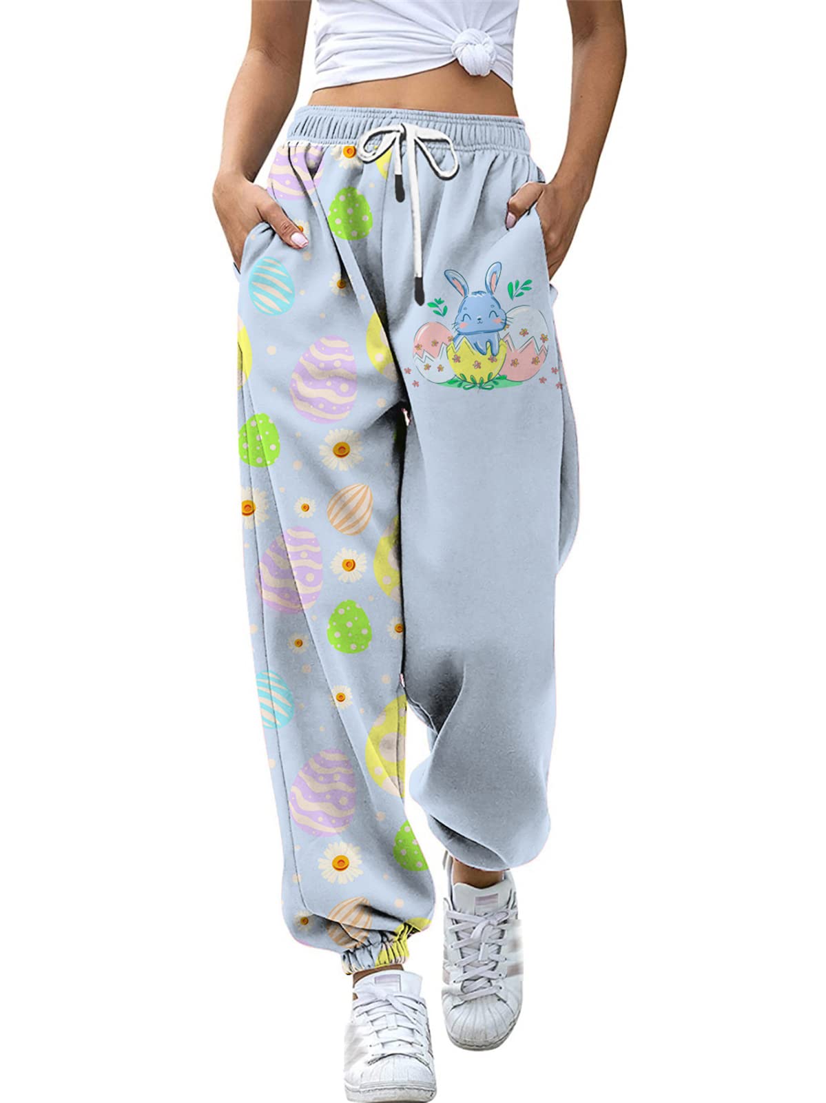 Mylleure Women Easter Baggy Sweatpants Pockets High Waist Print Patchwork Sport Athletic Jogger Pants Festival Lounge Trousers