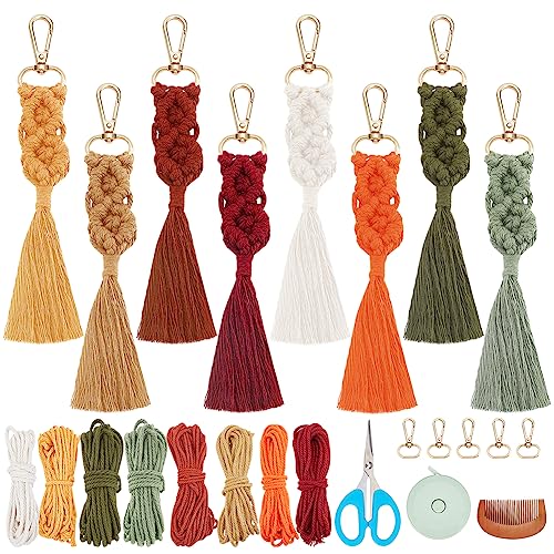WEBEEDY 8 Sets Macrame Keychain Kit DIY Macrame Autumn Colors Keychain for Boho Bag Charm Macrame Kit for Adults Beginners