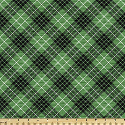 Ambesonne Plaid Fabric by The Yard, Diagonal Tartan Vibrant Green Color Geometrical Design Stripes Checks, Decorative Fabric for Upholstery and Home Accents, 1 Yard, White Black