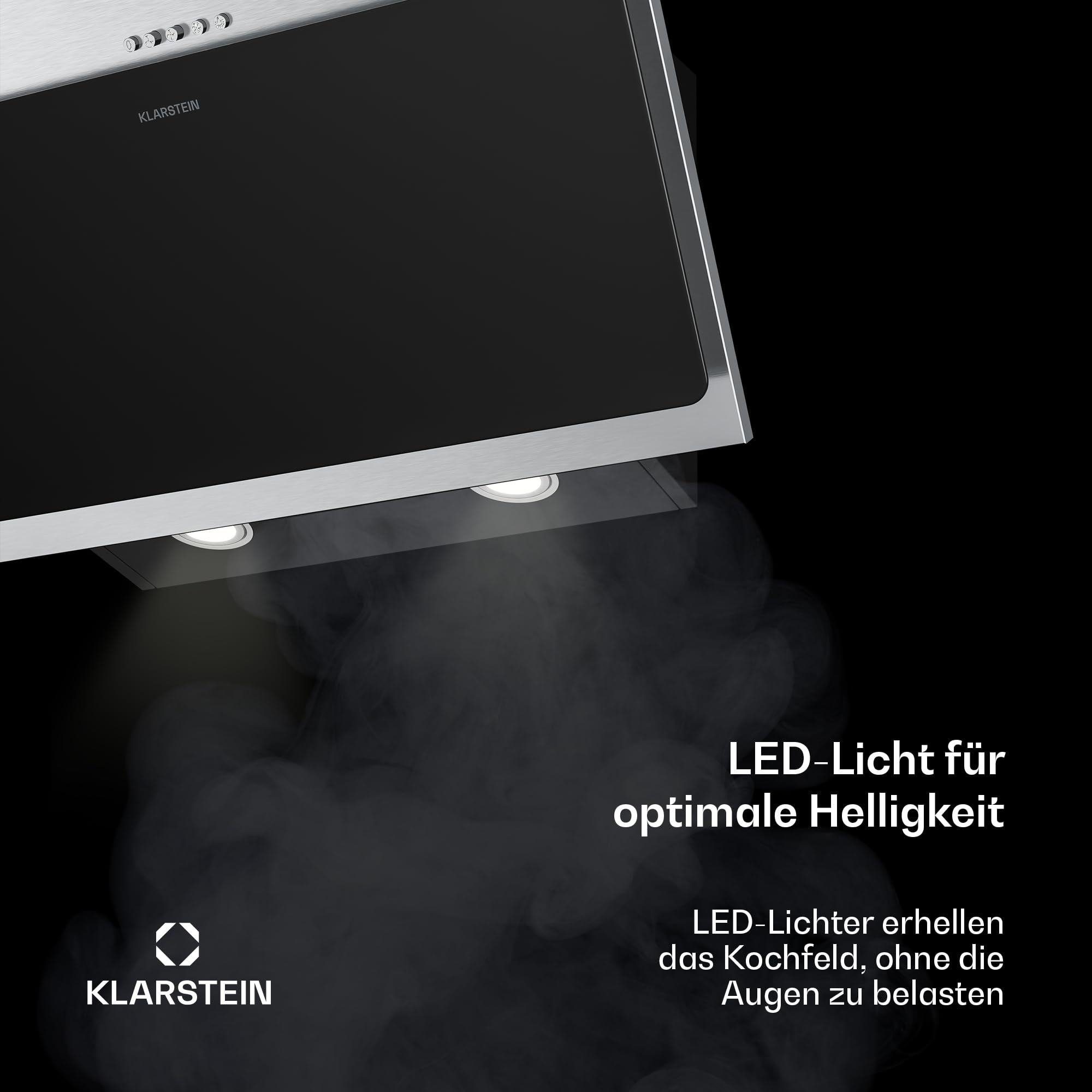 Klarstein Alessia Kopffreihaube - 60cm Abzugshaube, Edelstahl & Schwarzglas, 404 m³/h, A+++ Energieeffizienz, LED-Beleuchtung, 3+Boost Stufen, Umluft & Abluft, Dunstabzugshaube Küche