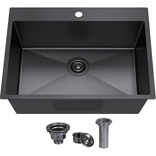 KINGO HOME 25x22 Inch Black Drop In Kitchen Sink, 25 Inch Gunmetal Black RV Laundry Utility Sinks, Top Mount 16 Gauge Stainless Steel Single Bowl Deep Small Kitchen Sink