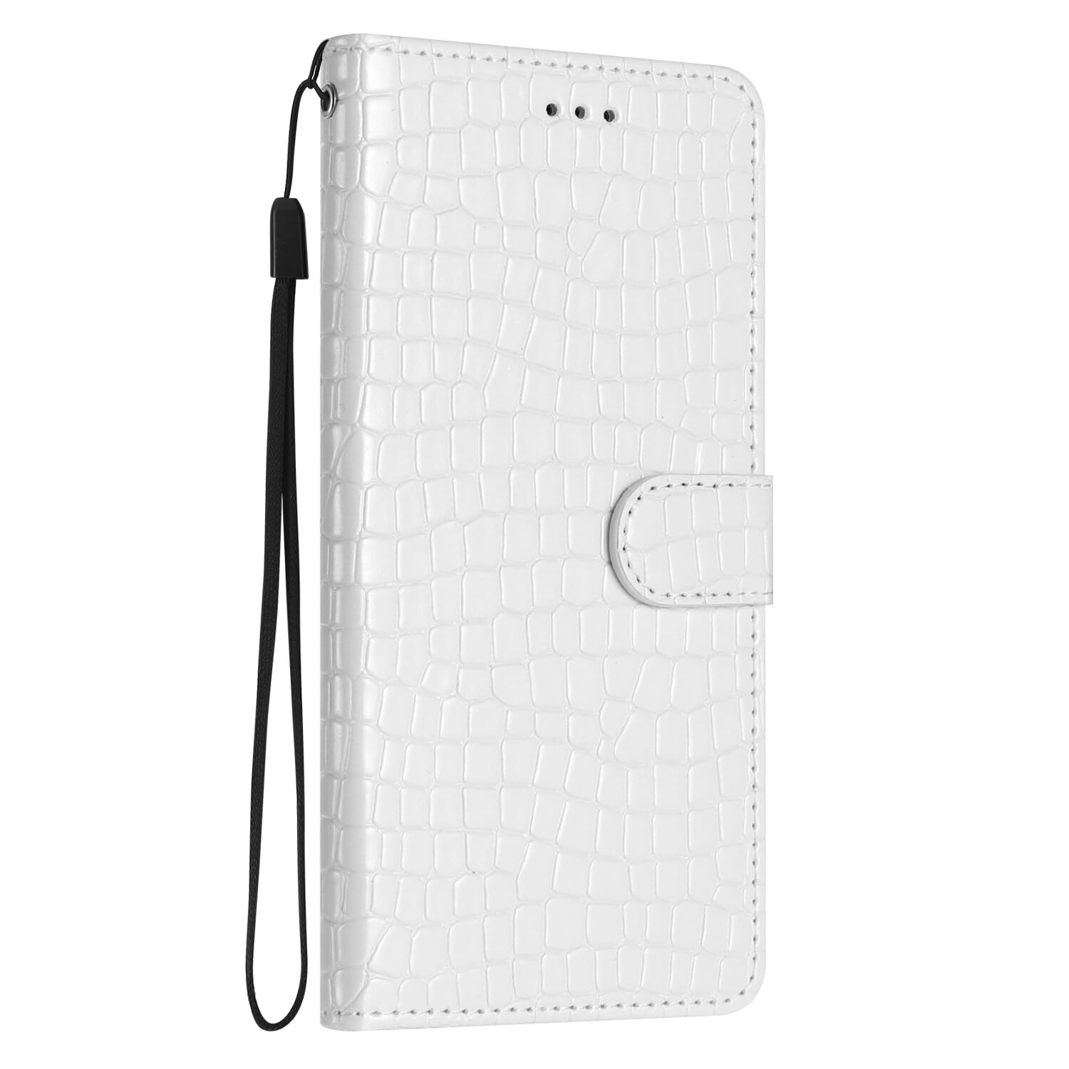 SUPWALL Leather Wallet Case Compatible for iPhone 15 Pro Max | Classic Crocodile Print Wrist Strap Flip Case | Ultra Slim Card Slots Stand Function Shockproof Phone Cover | White