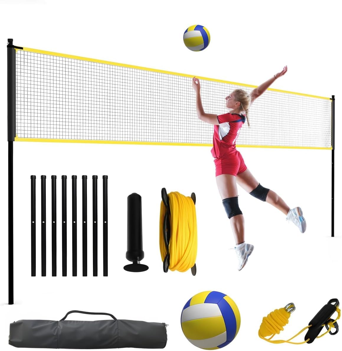 Heavy Duty Adjustable Volleyball Net System, 12ft-32ft Portable Freestanding Net with Poles, Tear-Resistant, Easy Setup, Carrying Bag, for Outdoor, Backyard, Beach, Court, Park, Practice Drills