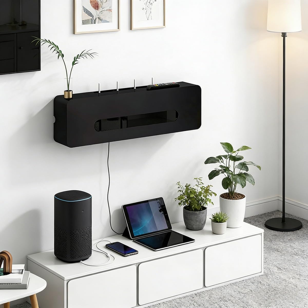 Cache Box Routeur Mural - Boîtier de Rangement en Bois pour Routeur, Câbles et Prises, Salon Chambre Bureau(White,23.6 * 7.9 * 6.3in)