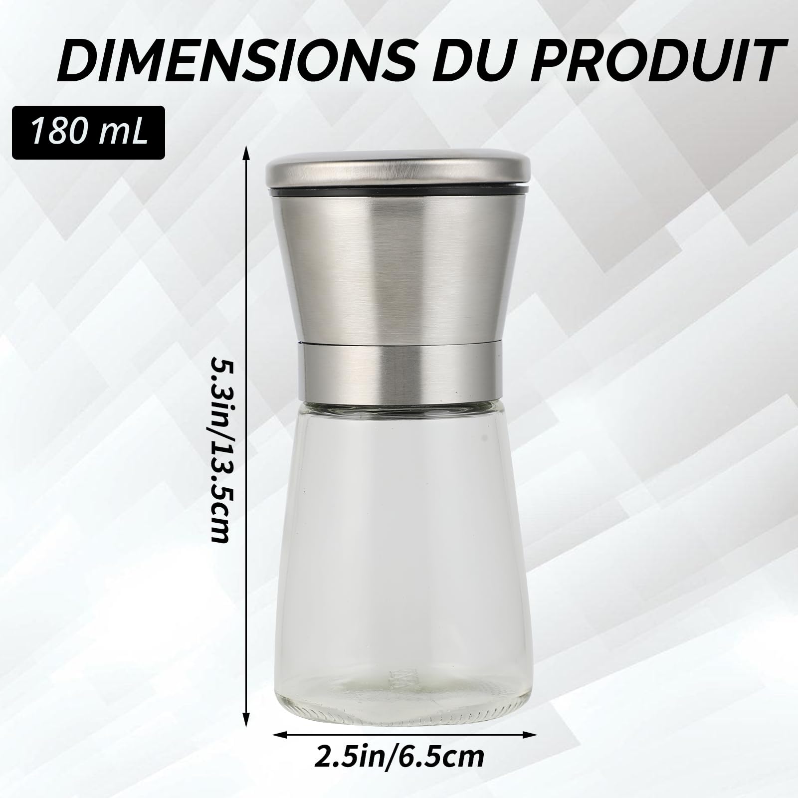 Moulin à Poivre en Acier Inoxydable et Verre 180ml Lot de 2 Mécanisme en Céramique Réglable