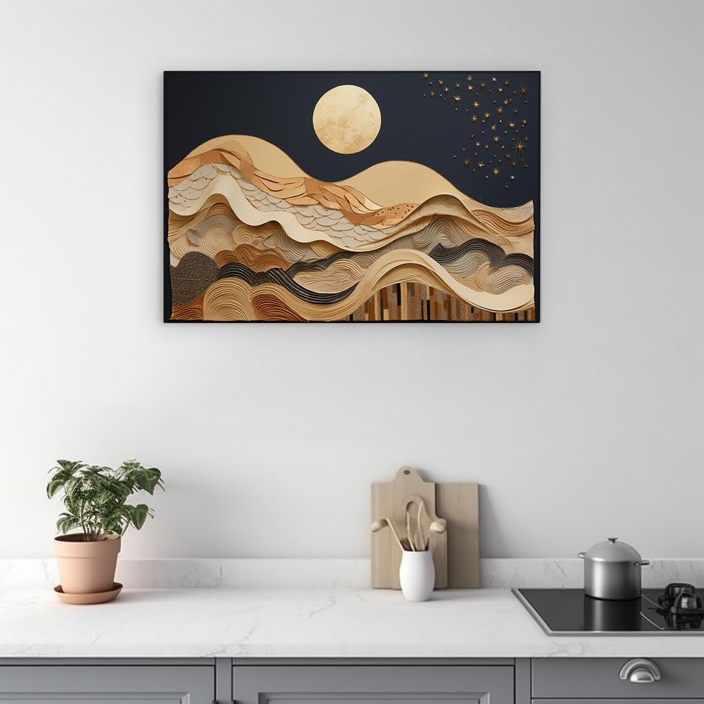 Canvas for Living Room. Illuminating Elegance: Golden Moonlight Over Waves of Altitude, 27 x 18 inch Canvas Wall Art - Contemporary Masterpieces - Modern Home Decor