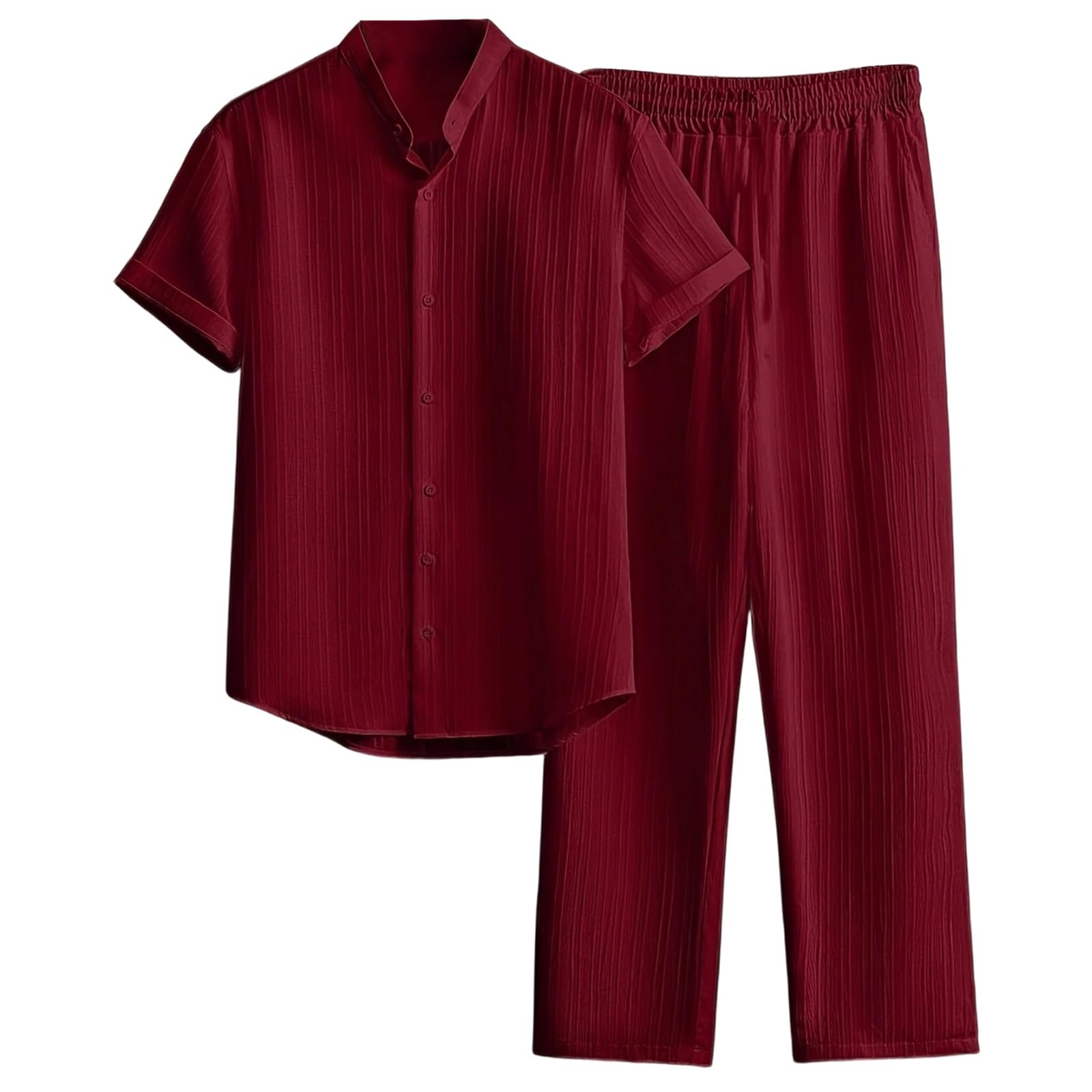Combinaison de loisirs d'été pour homme - Chemise à manches courtes + pantalon long - Tenue de plage légère et ample - Chemise à manches courtes et pantalon en tissu - Ensemble décontracté 2 pièces
