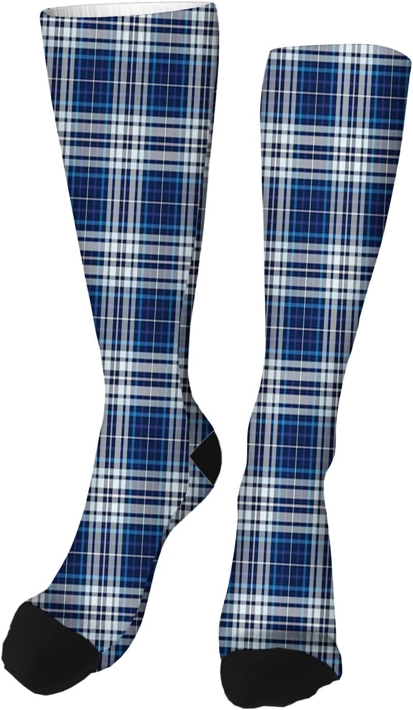 VeJerKK Navy Plaid Women Warm Knee High Socks,Lines Geometric Motifs