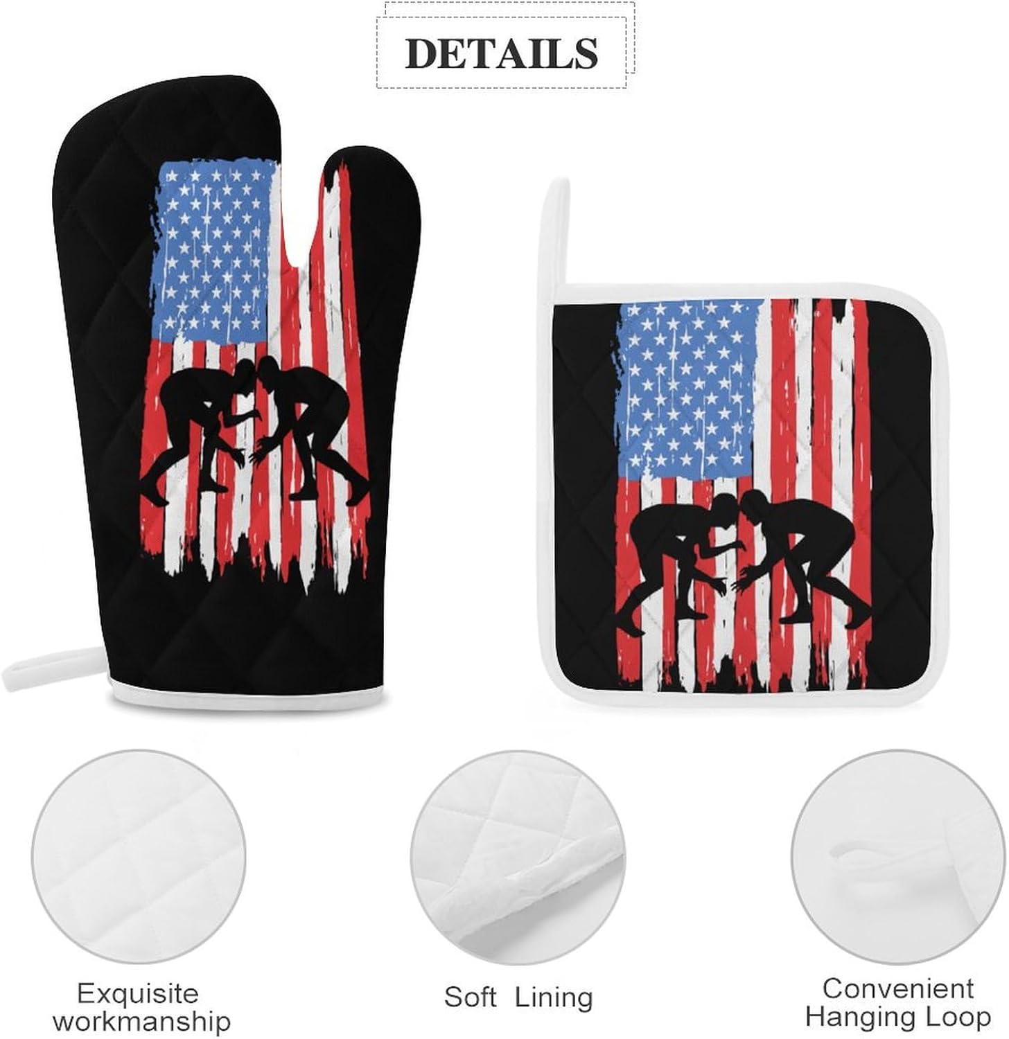 U.S.A. Wrestling Flag Print Oven Mitts and Pot Holders 3 Piece Sets Heat Resistant Gloves Hot Pads Potholders for Kitchen Baking Cooking