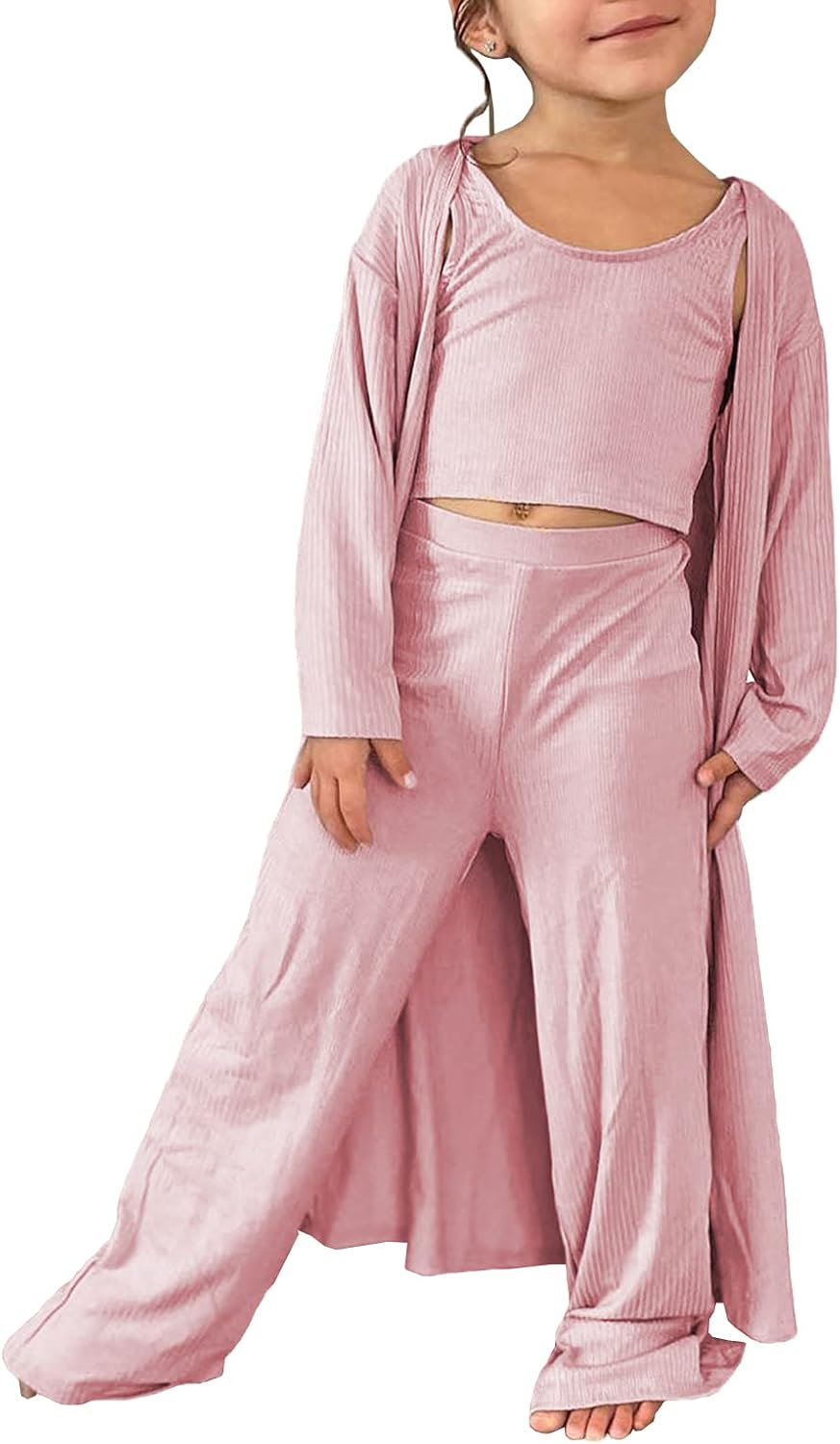 Fessceruna Girls 3 Piece Sweatsuit Outfit Kids Cute Crop Vest Top & High Waist Pants & Cardigan Knitwear Jumpsuit 3-14 Year