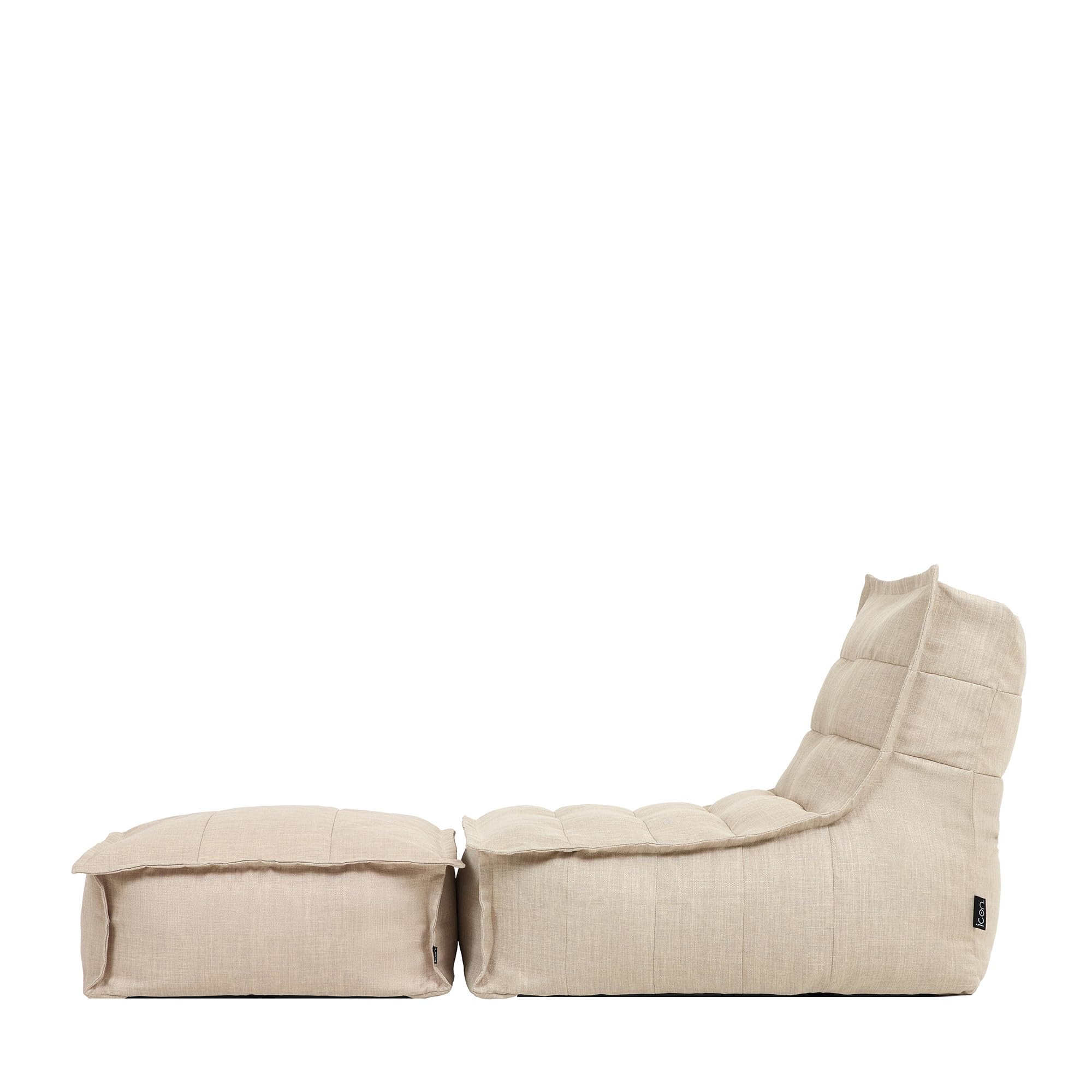 Icon Dolce Outdoor Sitzsack mit Hocker für Erwachsene, Beige, Sitzsack-Liege mit Füllung, Bean Bag, Wasserabweisender Stoff, Bequemer Sessel für Wohnzimmer, Lounge, Schlafzimmer, Garten