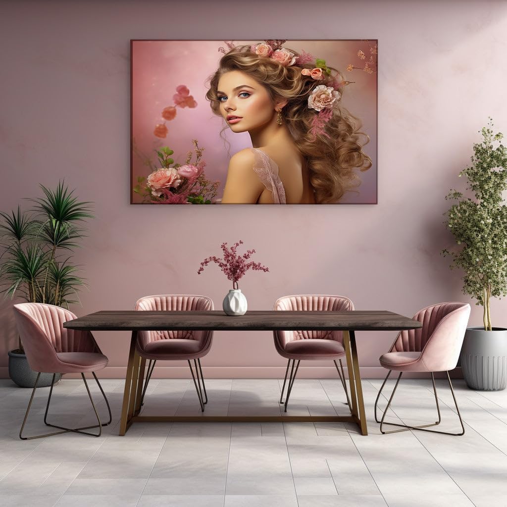 Canvas for Living room. Enchanting Elegance in Bloom - A Symphony of Curls, Florals, and Alluring Blue Eyes, 27 x 18 inch Canvas Wall Art - Contemporary Masterpieces - Botanical Home Decor