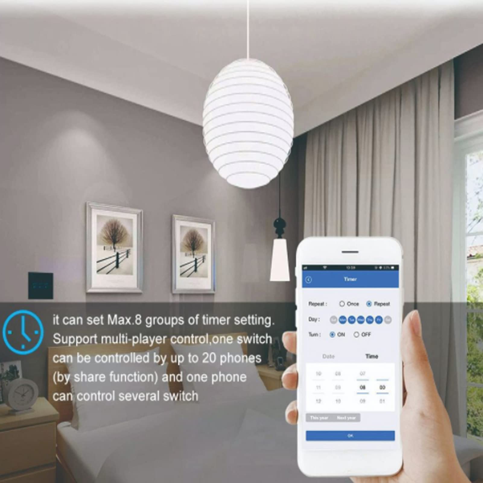 YWBL-WH Interruptor Inteligente de 3 Entradas, WiFi, Táctil, Control por Voz, Funciona con Alexa, Home, Interruptor de Luz Inalámbrico para el Hogar, Dormitorio y Oficina