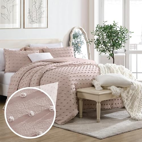 Swift Home King/Cal King Blush 3-Piece Down Alternative Comforter Set Bedding Pom Pom All-Season, Machine Washable