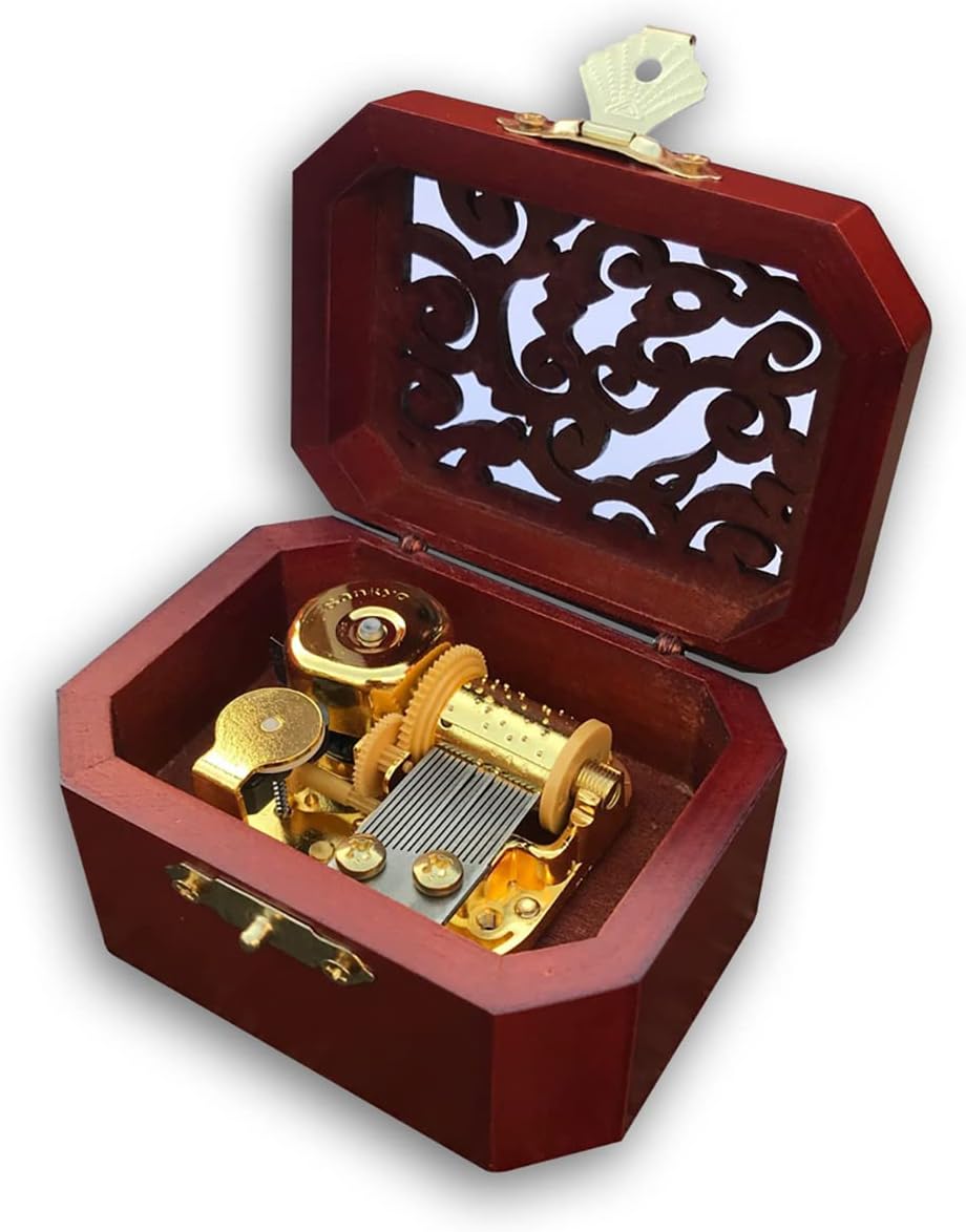 BinkeGG Play (Brahm's Lullaby) Brown Wooden Hollow Out Octagonal Music Box with Sankyo Musical Movement (65 Tunes Option)