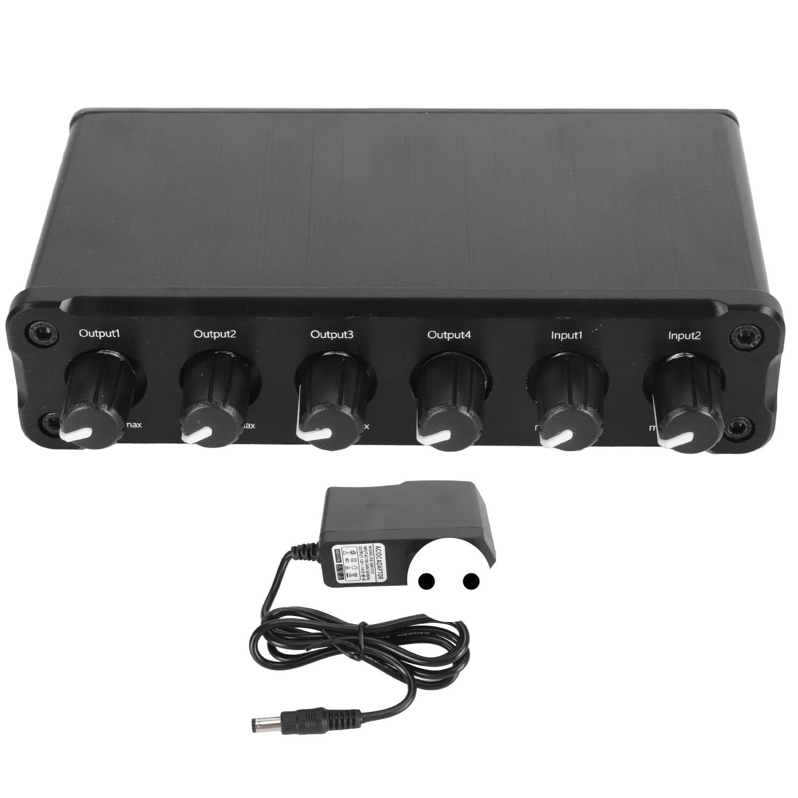 Distribuidor Mixto de Sonido 2 en 4 Salidas, Señal de Audio 2 Entradas 4 Salidas Mezclador Divisor, Volumen sin Pérdidas Ajustable Conector de Auriculares de 3,5 mm. 100‑240 V