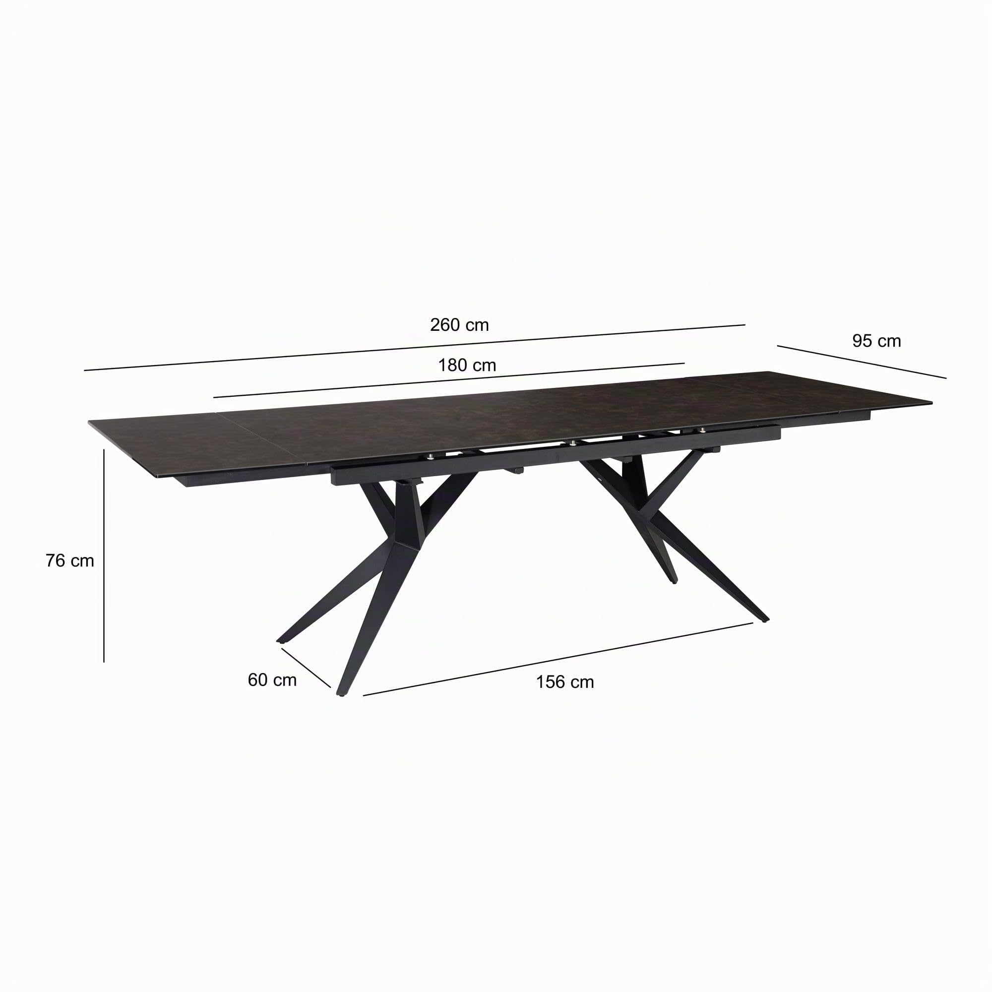 FineBuy Esstisch Ausziehbar 180-260 cm Glas-Keramik Schwarz, Kreuzgestell | Esszimmertisch mit kratzfester und hitzebeständiger Platte, ausziehbare Tafel für bis zu 10 Personen, pflegeleicht
