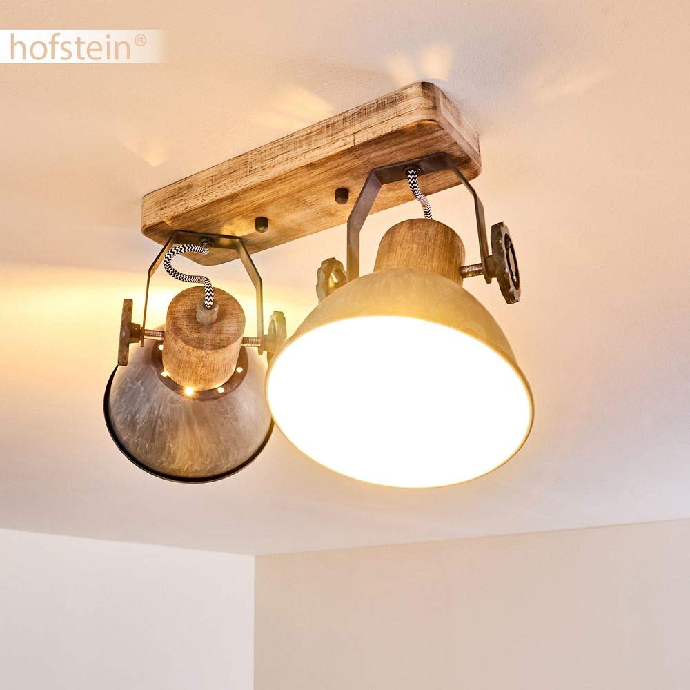 Plafondlamp Orny, plafondlamp in vintage design van metaal/hout in donkerbruin/wit/bruin met lichtspleten, lamp met houten balken en verstelbare spots, 4-lamp, 4 x E27, zonder gloeilampen