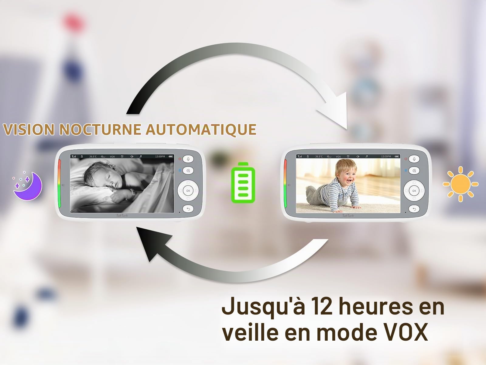 TakTark Babyphone Camera, 5'' IPS-Écran 720P HD Baby Monitor Video Babyphone Pan-Tilt 300° Camera Bebe, 3050mAh, Vision Nocturne, VOX, Communication Bidirectionnelle, Capteur de Température
